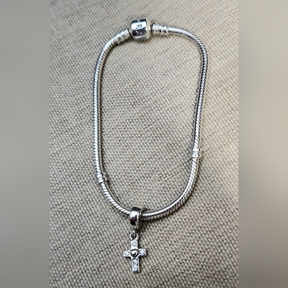Authentic Pandora Bracelet with Authentic Cross Charm Size 7 3/4